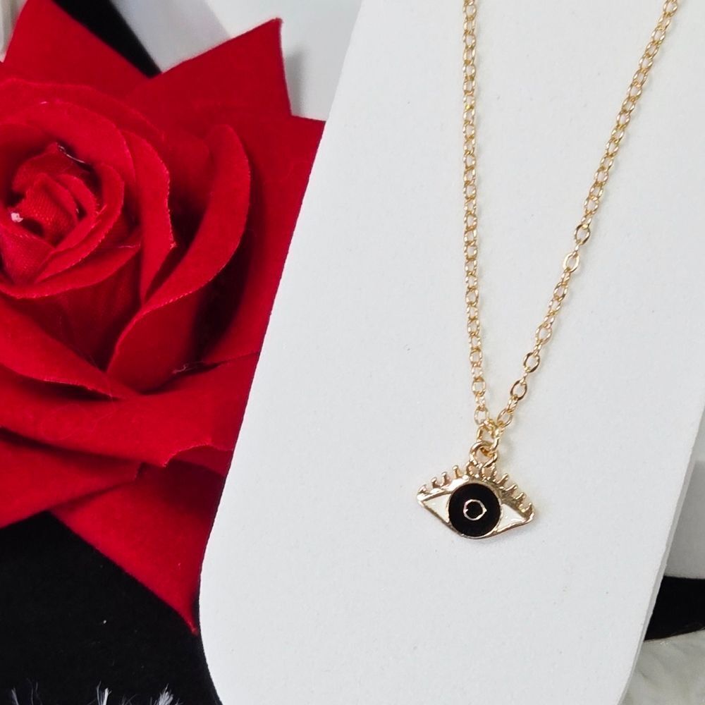 Gold Open Eye Pendant Necklace White Enamel Evil Eye Charm Protection Jewelry